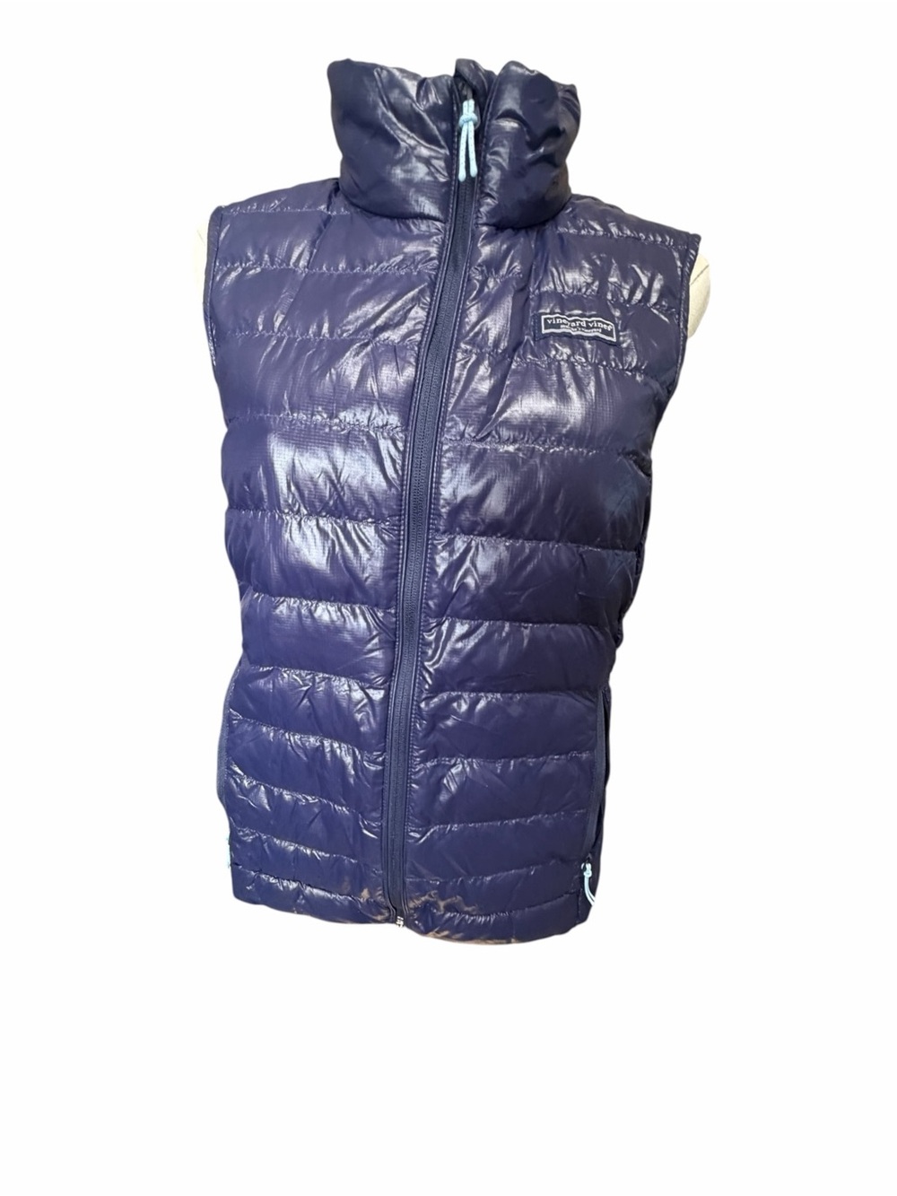 Vineyard Vives Womens Quilted Navy Puffer Vest with High Collar Sz Small